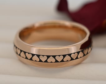 Romantic dainty pattern, 6mm rose gold tungsten ring, heart engraving wedding band, best friend present, customizable anniversary gift