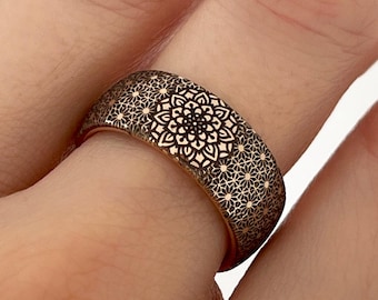 Rose Gold Tungsten Ring - 8mm, Intricate Floral Mandala Engraving, Elegant Wedding Band, Durable Engagement Ring, Unique Artisan jewellery
