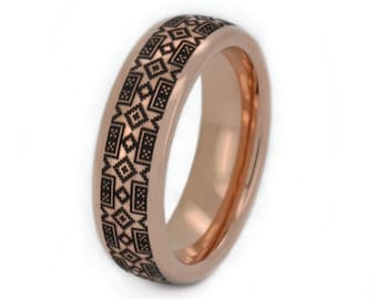 Rose Gold Tungsten Wedding Band, Personalized 6mm Geometric Engraved Ring, Unique Pixelated Slavic Design, Custom Anniversary Jewelry Gift