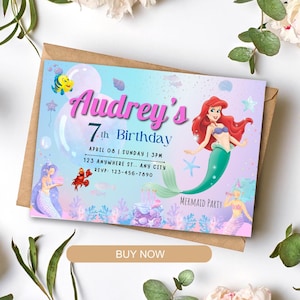 Ariel Little Mermaid Birthday Invitation Template - Editable Mermaid Party Invite for Girls - Ariel Birthday Invitation Digital Download