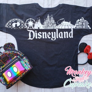 Disneyland Skyline Sparkle Jersey Woman's Vinyl Pom Pom Jersey Shirt Space Splash Mountain Big Thunder California Adventure Pixar Pier
