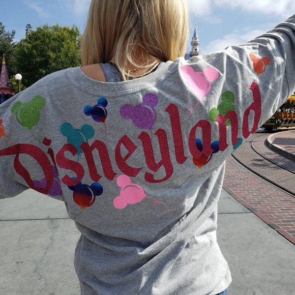 Disneyland or Walt Disney World Balloons Sparkle Jersey Woman's Girl's Vinyl Pom Pom Jersey Shirt