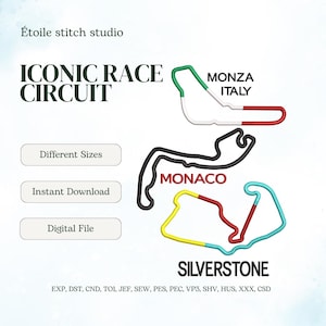 Conjunto de bordado de circuitos de carreras icónicos: Silverstone, Mónaco, Monza, Italia. Archivo de parche con contorno de pista para deportes de motor. Descarga para máquina.