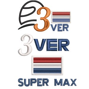 May include: Embroidered patches featuring a racing helmet, the number 3 in orange and white, and the text "VER" in blue. Also includes a Dutch flag design and the words "SUPER MAX" in blue.