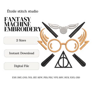 Disegno per ricamo della Scuola di Magia: Bacchetta Magica, Triangolo, Occhiali con Fulmine PES, DST, EXPMagic Embroidery Pattern, Download Immediato