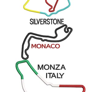 Op de afbeelding: Een illustratie van drie bekende racecircuits: Silverstone, Monaco en Monza Italië. Elk circuit is afgebeeld met een gekleurde omtrek, met de namen van de circuits in vette tekst. Het Silverstone-circuit is geel, rood en blauw. Het Monaco-circuit is zwart. Het Monza-circuit is groen, wit en rood.