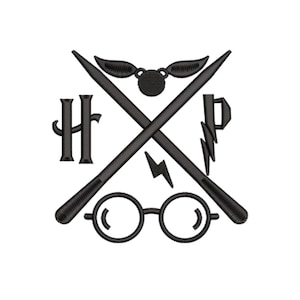 May include: Black graphic design featuring crossed wands, a lightning bolt, glasses, a golden snitch, and the letters "HP". The design is likely inspired by a popular fantasy series.