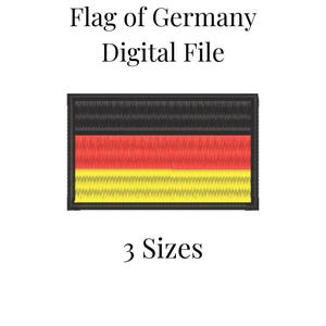 Puede incluir: Archivo de bordado digital de la bandera alemana en negro, rojo y amarillo. El archivo está disponible en tres tamaños.