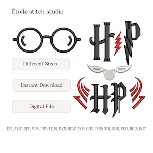 Diseño de bordado de gafas con cicatriz de rayo para la escuela de magia / Archivo para máquina de escribir de la escuela de magia (descarga digital) Regalo de fantasía