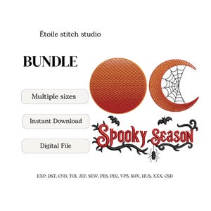 Peut inclure: Un ensemble de motifs de broderie comprenant un cercle orange uni, un croissant de lune avec une toile d'araignée et le texte Spooky Season en rouge avec des vignes, des chauves-souris et une araignée. Inclut Etoile stitch studio et formats.