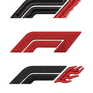 Könnte beinhalten: Drei gestickte Formel-1-Logos in Schwarz und Rot. Das obere Logo ist schwarz mit rotem Akzent, das mittlere Logo ist ganz rot und das untere Logo ist schwarz mit rotem Flammenakzent. Die Logos befinden sich auf weißem Hintergrund.