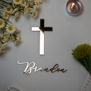 Nome personalizzato per torta ciondolo e croce per torta di battesimo personalizzata decorazione per battesimo targa per torta con nome tagliato al laser specchio dorato acrilico nome