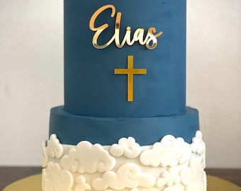 Personalized Gold Mirror Acrylic Cake Charm & Cross: Christening Baptism Topper