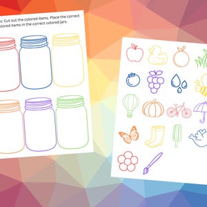May include: A printable worksheet with instructions to cut out coloured items and place them in the correct coloured jars. The worksheet includes a set of six jars and a set of 16 items, including a red apple, a yellow rubber duck, a green grass patch, a purple grape bunch, a blue raindrop, a yellow bee, an orange pumpkin, a pink bicycle, a blue bird, and more.