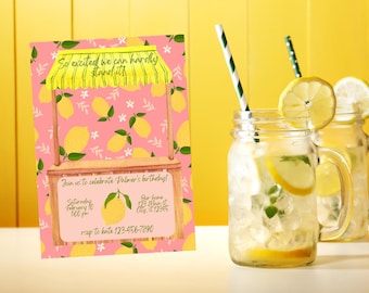 May include: A pink and yellow lemonade stand birthday party invitation with a lemon theme. The invitation says "So excited we can hardly stand it!" and includes the date, time, and RSVP information.