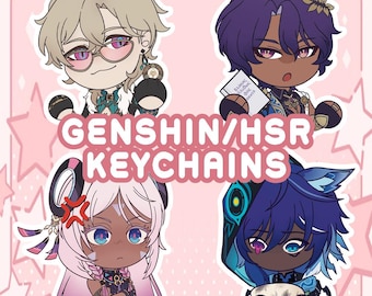 Może przedstawiać: Cztery kolorowe breloczki z postaciami w stylu chibi, przedstawiające postacie z gier wideo Genshin Impact i Honkai Star Rail. Tekst "GENSHIN/HSR KEYCHAINS" jest wyświetlany w środku obrazu.