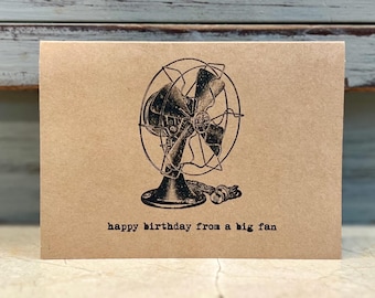 Happy birthday card, vintage style, retro fan image, blank inside notecard