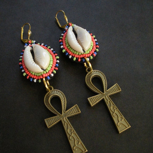 Key of Life Beaded Cowry Ankh Earrings (RESERVED for Lisamarie)