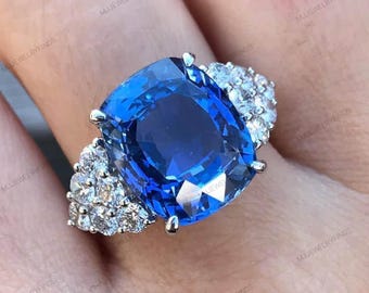 Cornflower Design Blue Sapphire Ring: Cushion Cut Sterling Silver Engagement Ring