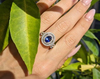Oval Tanzanite Ring: Double Halo, 925 Sterling Silver Engagement Ring