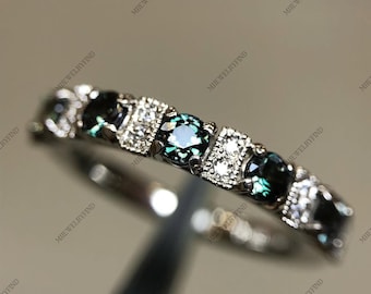 Moissanite & Teal Sapphire Band, Sterling Silver Engagement Ring