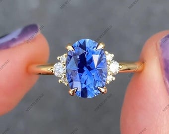 Blue Sapphire Ring: Oval Cut September Birthstone, 925 Sterling Silver Engagement Ring.