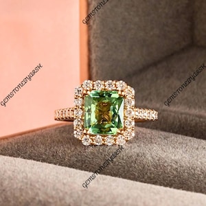 Mint Tourmaline Ring: Emerald Cut, 925 Sterling Silver Halo Design