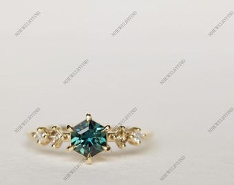 Anillo hexagonal de zafiro azul verdoso, plata de ley 925, detalles de diamantes americanos