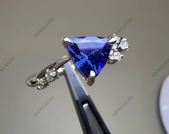 Blue Sapphire Ring: Trilliant Cut September Birthstone Jewelry, 925 Sterling Silver Engagement Ring.