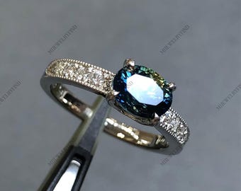 Anillo ovalado de zafiro azul verdoso, plata de ley 925, detalles de diamantes americanos