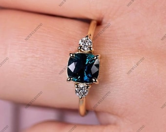 Anillo de zafiro azul turquesa talla cojín, plata de ley 925, diamantes americanos