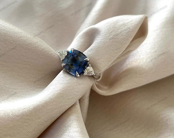 Cushion Cut Blue Sapphire Ring - 925 Sterling Silver Engagement Ring