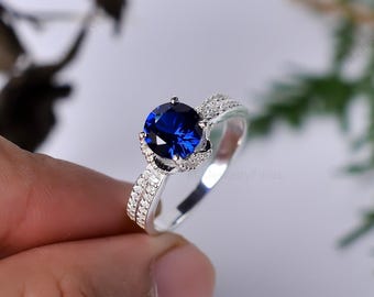 Blue Sapphire Ring: 925 Sterling Silver Double Band Engagement Ring