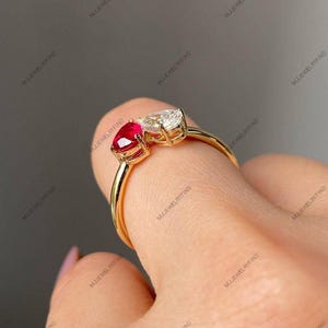 Anillo de rubí talla pera y moissanita, plata de ley 925, gema roja, anillo toi et moi, anillo de rubí