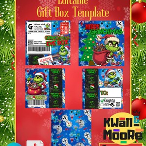 Puede incluir: Plantilla de caja de regalo imprimible con el personaje del Grinch de la popular pel&iacute;cula navide&ntilde;a "El Grinch". La plantilla incluye una variedad de dise&ntilde;os, incluyendo un &aacute;rbol de Navidad con tem&aacute;tica del Grinch, un Grinch sosteniendo una bolsa de regalos y un Grinch sentado en una computadora. La plantilla est&aacute; disponible en tres tama&ntilde;os: 8x8x4, 8x8x6 y 8x8x8 pulgadas.