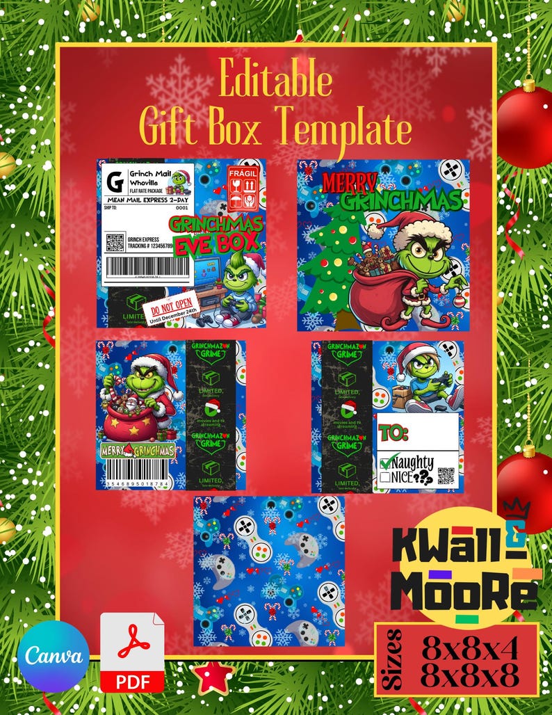Puede incluir: Plantilla de caja de regalo imprimible con el personaje del Grinch de la popular pel&iacute;cula navide&ntilde;a "El Grinch". La plantilla incluye una variedad de dise&ntilde;os, incluyendo un &aacute;rbol de Navidad con tem&aacute;tica del Grinch, un Grinch sosteniendo una bolsa de regalos y un Grinch sentado en una computadora. La plantilla est&aacute; disponible en tres tama&ntilde;os: 8x8x4, 8x8x6 y 8x8x8 pulgadas.