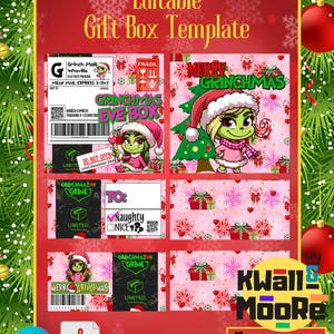 Puede incluir: Plantilla de caja de regalo imprimible con el Grinch. La plantilla incluye un fondo rosa con copos de nieve y corazones, y una etiqueta en blanco y negro con el texto "Grinchmazon Prime". La plantilla est&aacute; disponible en tres tama&ntilde;os: 8x8x4, 8x8x8.