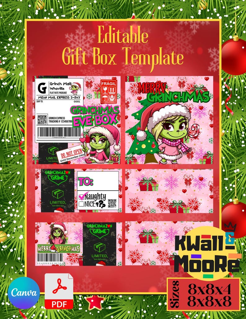 Puede incluir: Plantilla de caja de regalo imprimible con el Grinch. La plantilla incluye un fondo rosa con copos de nieve y corazones, y una etiqueta en blanco y negro con el texto "Grinchmazon Prime". La plantilla est&aacute; disponible en tres tama&ntilde;os: 8x8x4, 8x8x8.