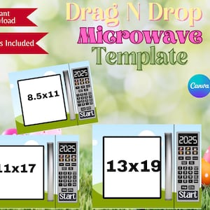 Può includere: Un modello di forno a microonde digitale con tre dimensioni diverse: 8,5 x 11 pollici, 11 x 17 pollici e 13 x 19 pollici. Il modello è progettato per l'uso con Canva e PDF.