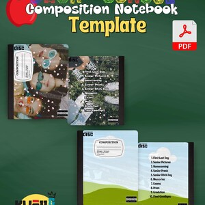 May include: A composition notebook template with a green, black and white cover. The notebook is 7.5 inches by 9.75 inches and has a "disc" logo on the front. The notebook is designed for high school seniors and includes a list of events to write about, such as "First Last Day", "Senior Pictures", "Homecoming", and "Graduation".