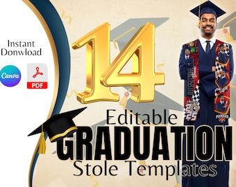 14 Graduation Stole Template Bundle, Graduation Stole, Sublimation Stoles, Stole Bundle, 72inch Stole, Canva Editable, PDF File, Graduation