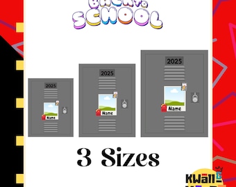 May include: Custom gift box templates for back to school, featuring three gray locker designs with the year 2025. Each locker has a name tag and a picture. The image includes the text "3 Sizes" and dimensions of 8.5x11, 11x17, and 13x19 inches.
