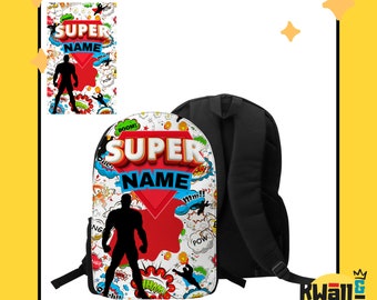 May include: A sublimation backpack template featuring a black backpack and a colorful design with a superhero silhouette and the text "SUPER NAME". The template is 11 inches by 17 inches.