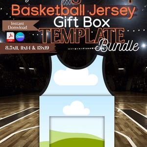 May include: A digital template bundle for a basketball jersey gift box. The design features a basketball jersey shape with a sky and landscape graphic. Text includes "Drag N Drop Basketball Jersey Gift Box Template Bundle" and "3 sizes: 8.5x11, 11x14 & 13x19".