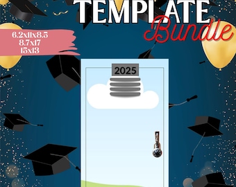 May include: A blue locker door template with a green bottom section. The locker door has a white cloud with the number 2025 on it. The locker door also has a silver combination lock and a silver handle. The background is a blue and black pattern with graduation caps.