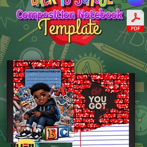 May include: A composition notebook template with a red brick background and a cartoon illustration of a young boy wearing a black jacket and blue jeans. The text "Chill You Got This" is written in white on a red background. The notebook is 7.5 inches by 9.75 inches.