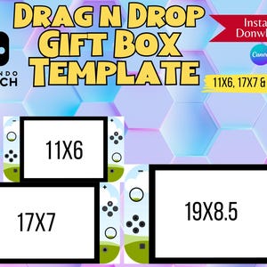 May include: Three Nintendo Switch game box templates in different sizes: 11x6 inches, 17x7 inches, and 19x8.5 inches. The templates are white with a blue sky and green grass background. The text "DRAG N DROP GIFT BOX TEMPLATE" is in yellow at the top of the image.