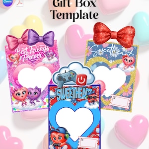 May include: A template for a Sweetheart Gift Box with heart-shaped cutouts, bows, and the text "Best Friends Forever" and "Sweetheart." The design includes heart-shaped characters, a game controller, and the sizes 8.5x11, 11x14 & 13x19.