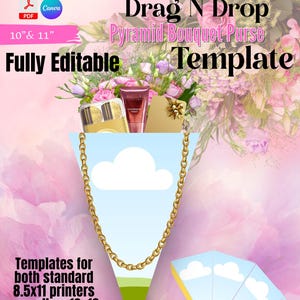 Modèle de sac à main et base de boîte cadeau bouquet pyramide glisser-déposer, boîte cadeau personnalisée, boîte en carton mousse, lien toile, lien PDF, fichiers numériques uniquement