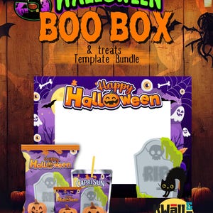 May include: A Halloween-themed template bundle with the text "Halloween Boo Box & Treats". The design includes a photo booth frame, snack packaging, and a Capri Sun drink, all featuring Halloween graphics like pumpkins and ghosts. The gift box size is 8.5x11 inches.
